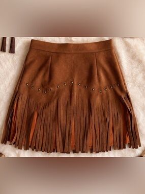 Fringe Suede Mini Skirt in Burnt Orange